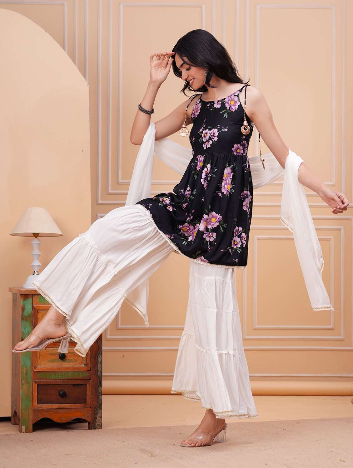 Women Floral Shoulder Strap Kurta Sharara With Dupatta Set - 22558701 -  Standard Image - 3