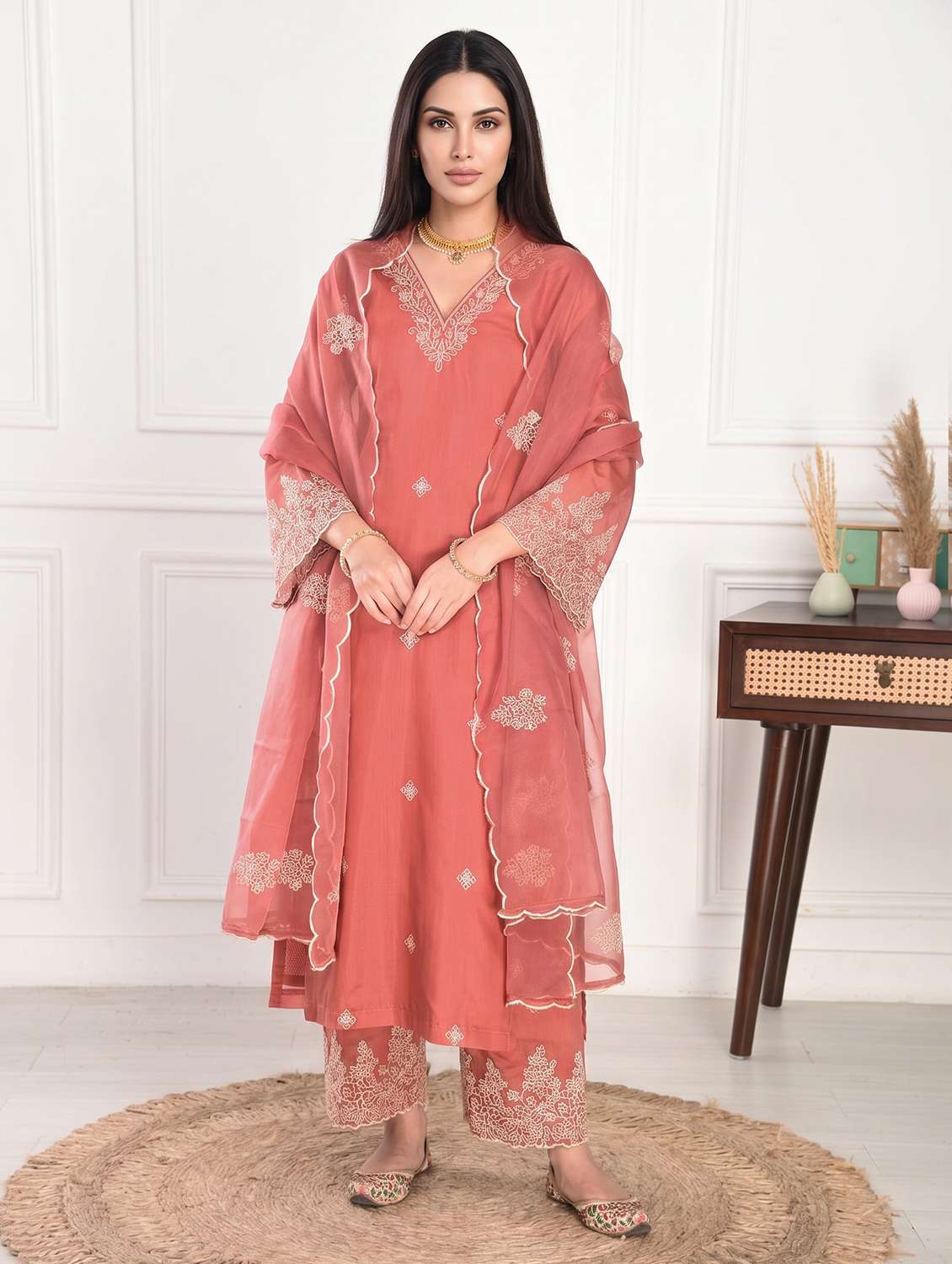 women embroidered long sleeve kurta palazzo with dupatta set