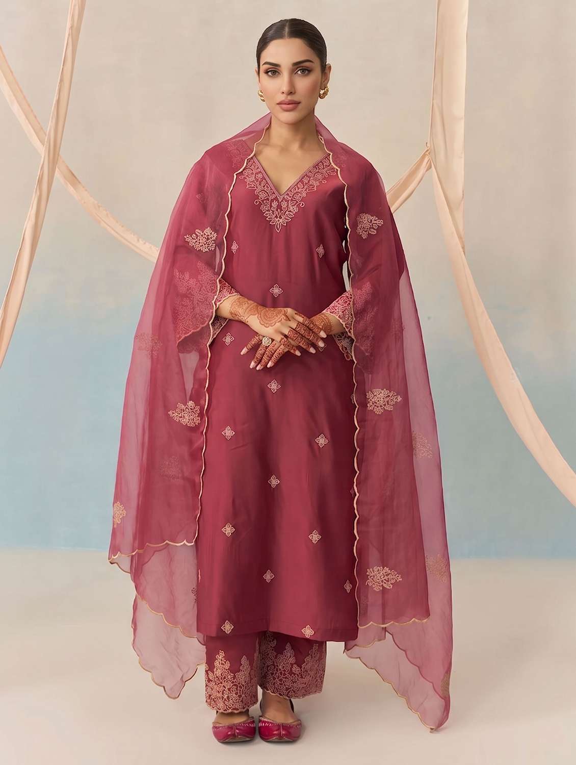 women embroidered long sleeve kurta palazzo with dupatta set