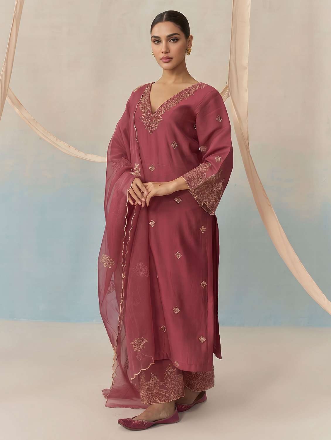women embroidered long sleeve kurta palazzo with dupatta set - 22558718 -  Standard Image - 3