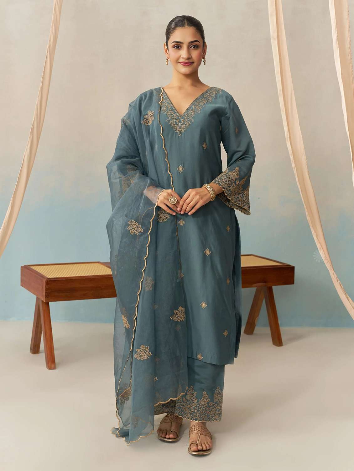 women embroidered long sleeve kurta palazzo with dupatta set