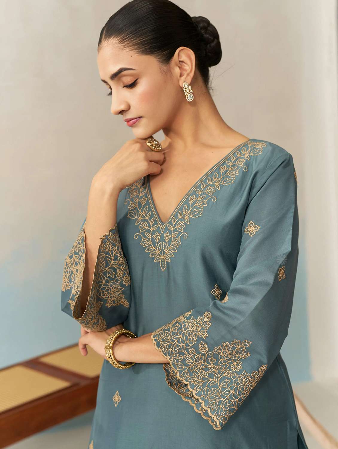 women embroidered long sleeve kurta palazzo with dupatta set - 22558719 -  Standard Image - 5