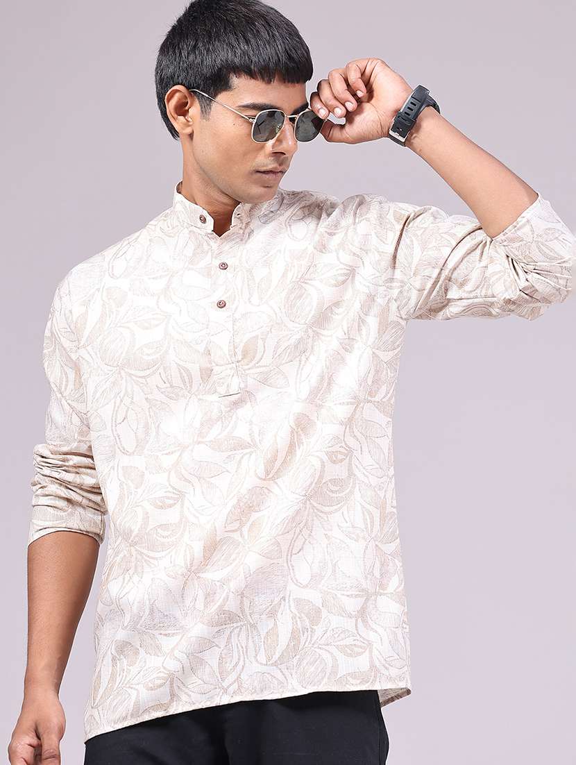 men printed long sleeves short kurta
