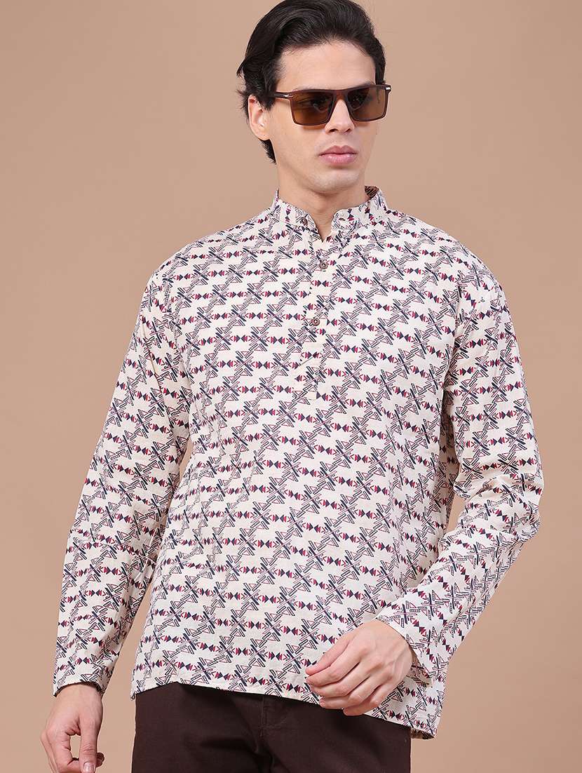 men printed long sleeves short kurta