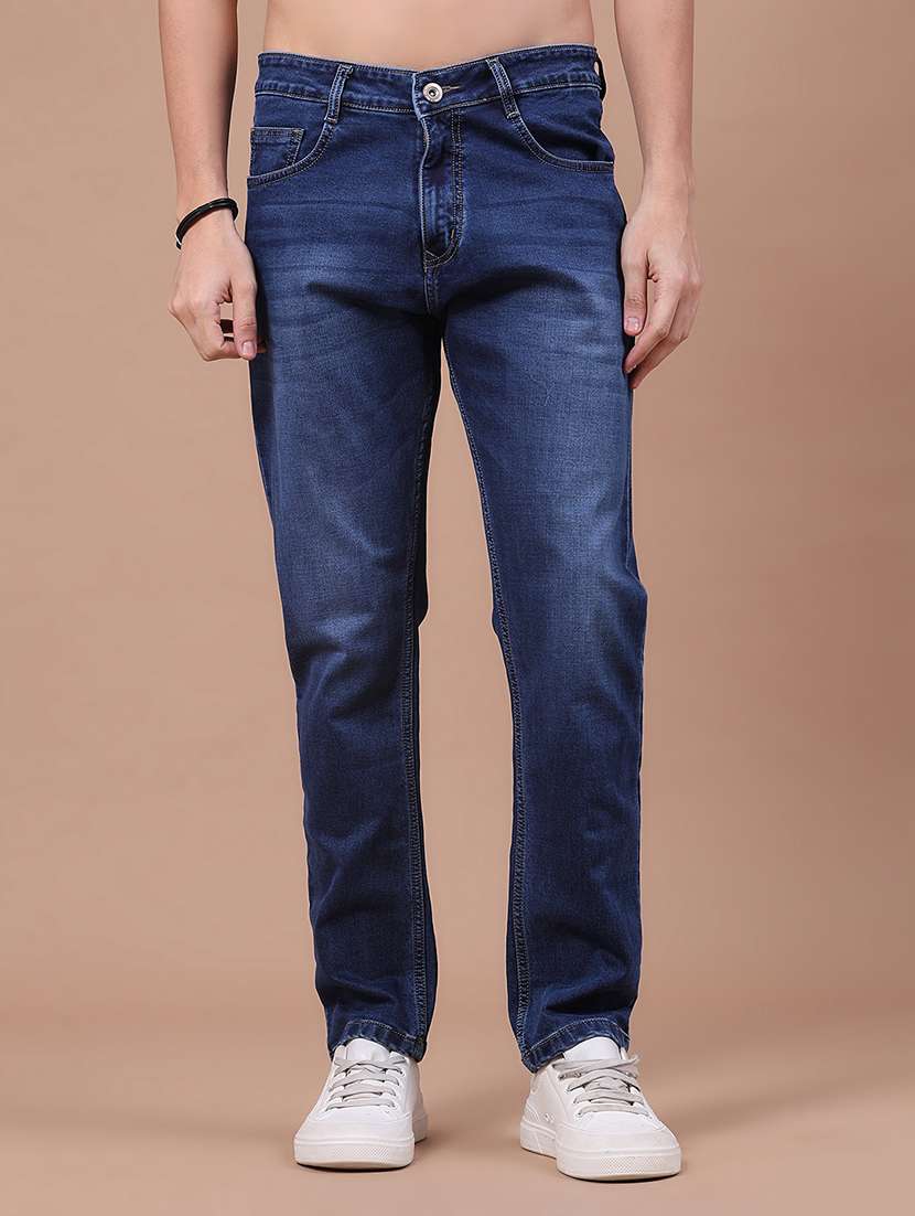 men washed mid rise full length straight jeans