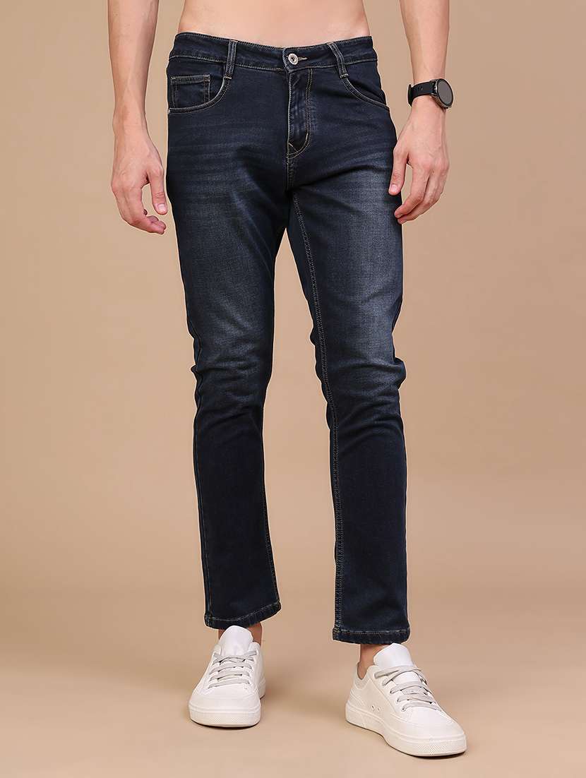 men washed mid rise full length slim fit jeans
