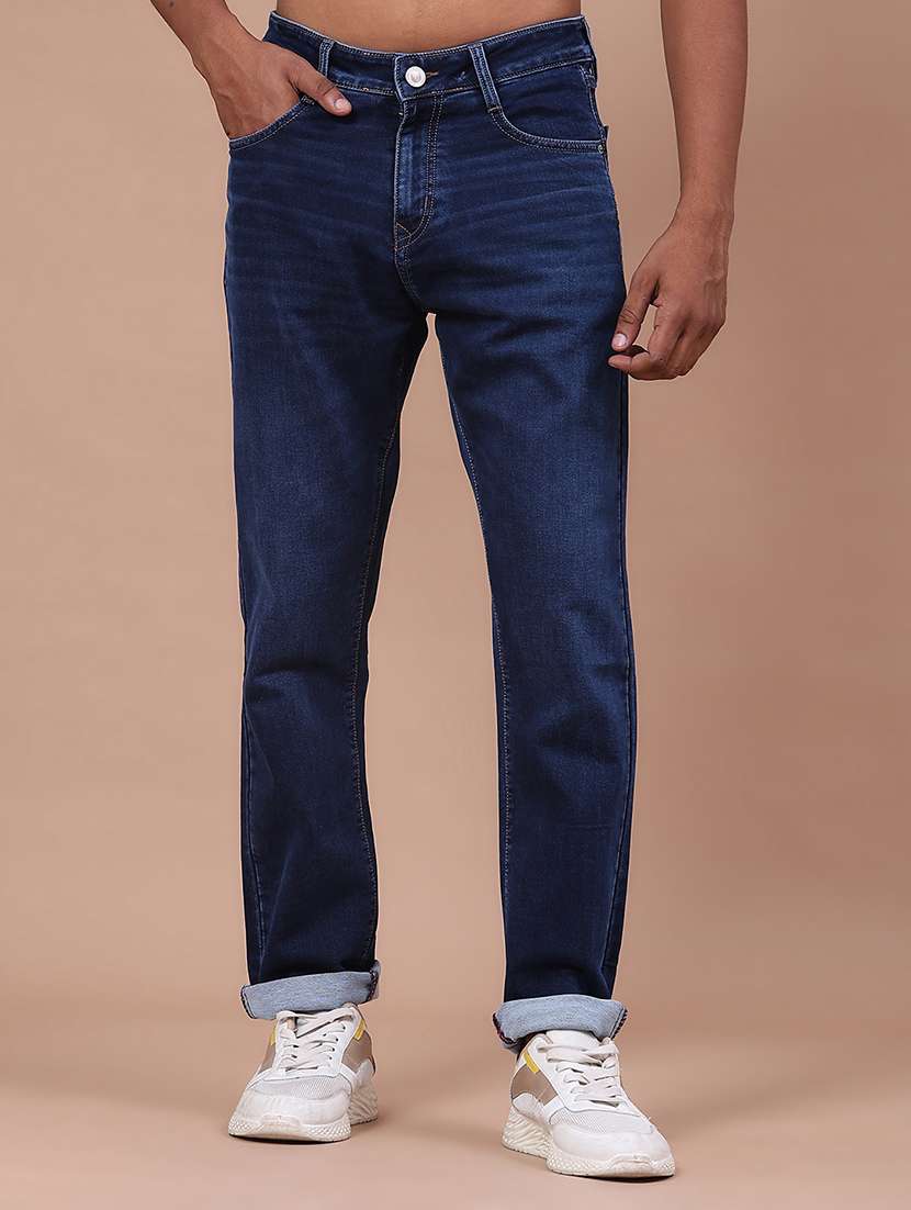 men washed mid rise full length tapered jeans