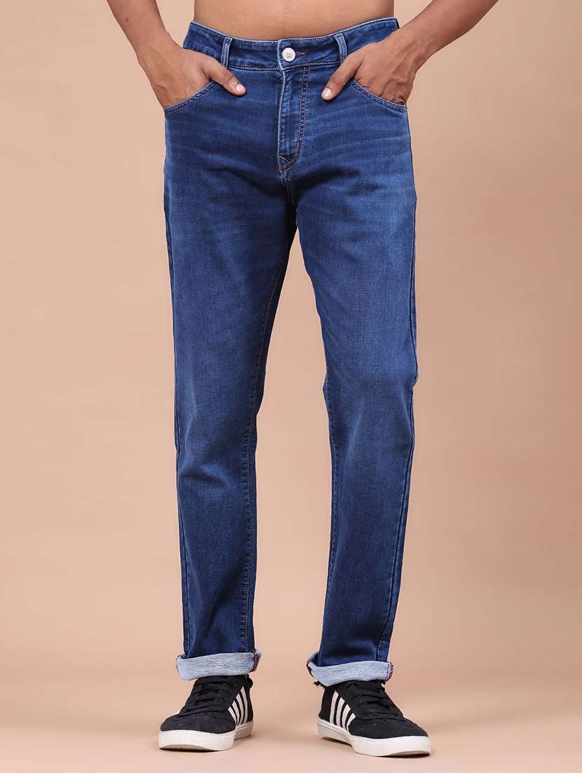 men washed mid rise full length tapered jeans