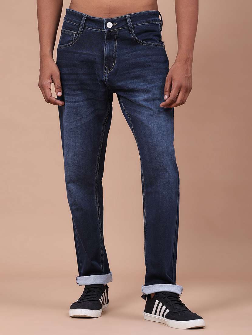 men washed mid rise full length tapered jeans