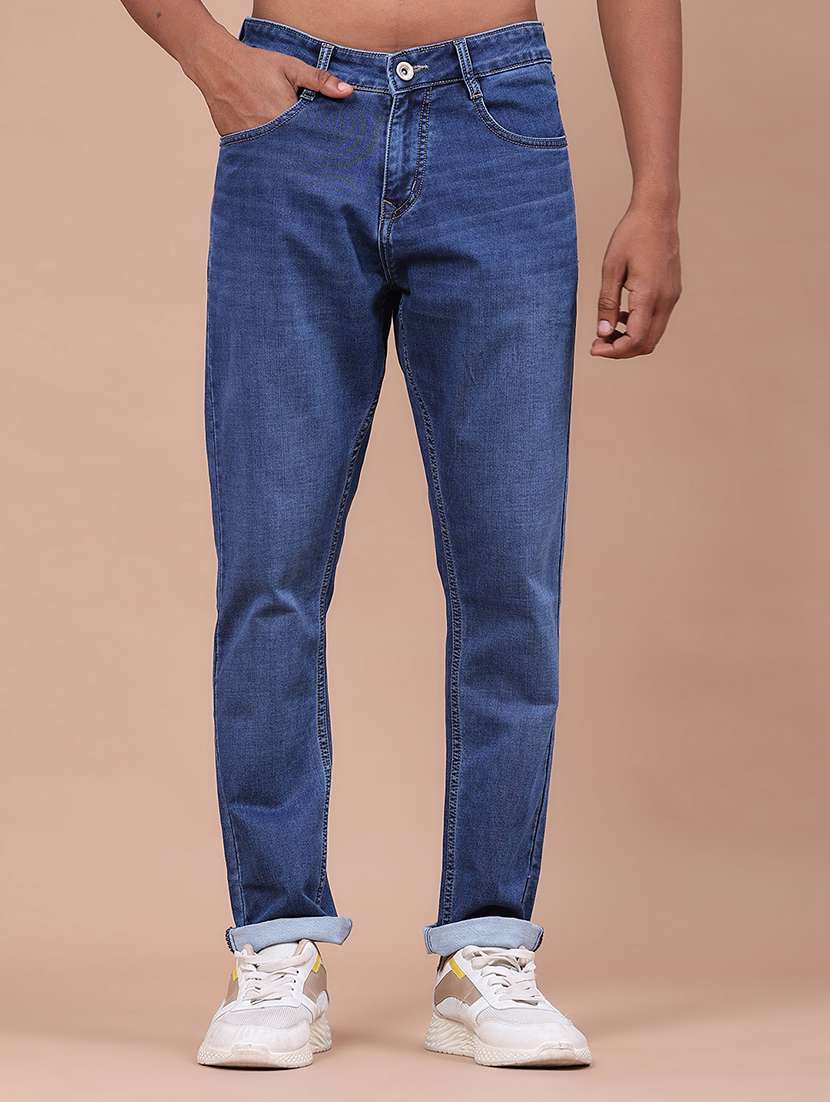 men washed mid rise full length tapered jeans