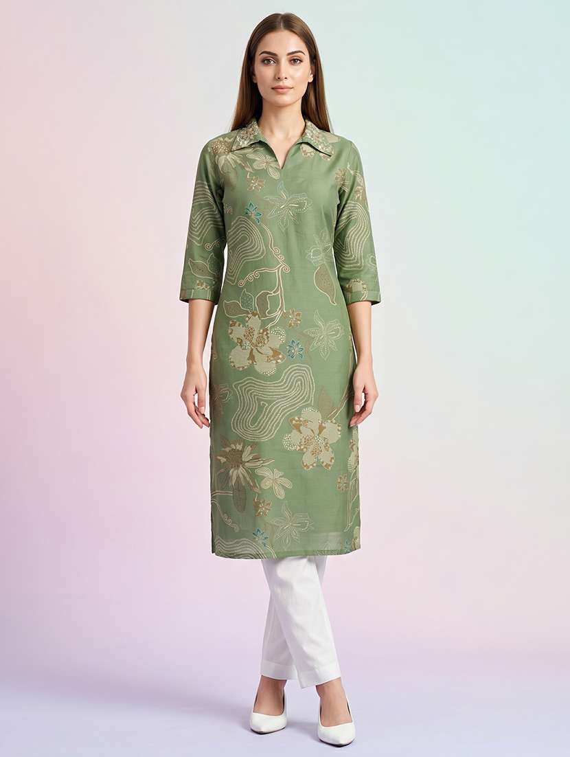 women floral three quarter sleeve straight kurta