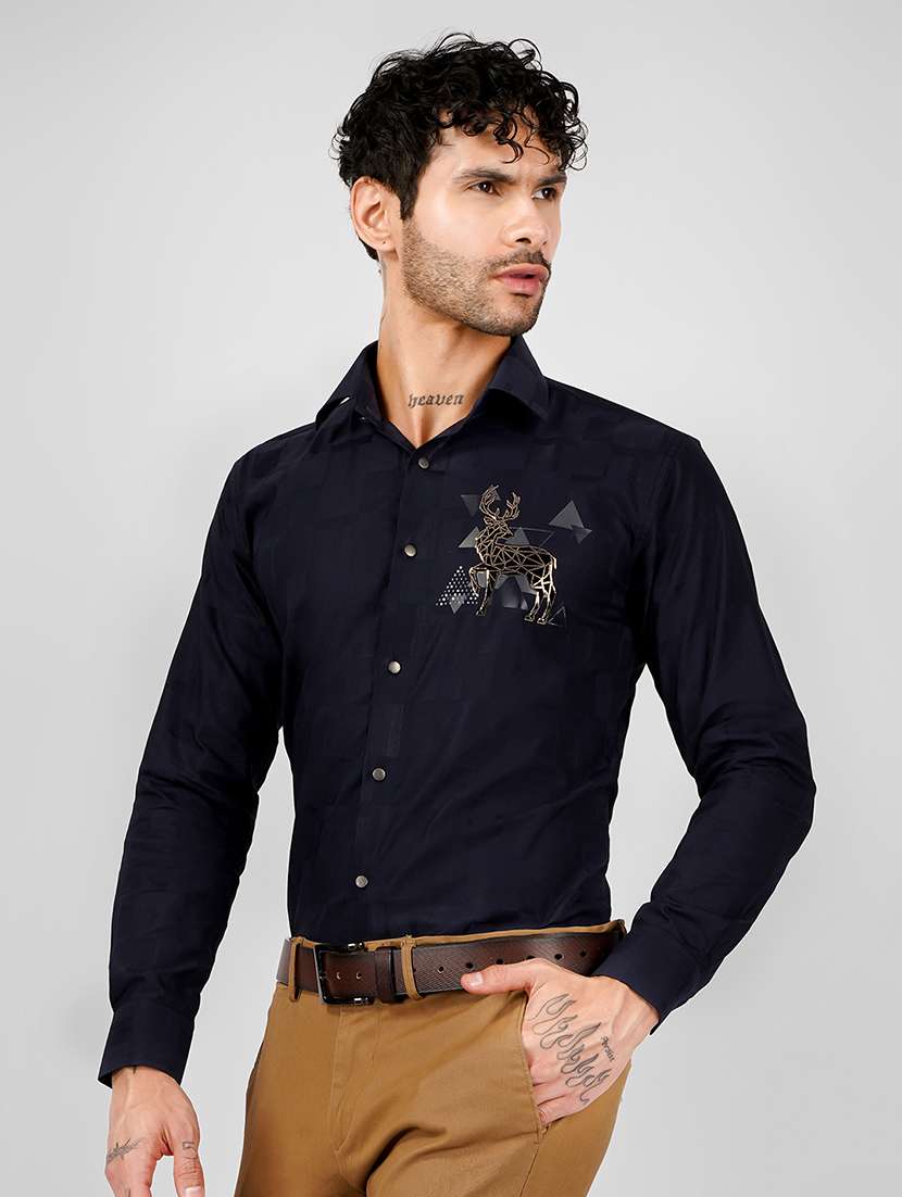 men embellished long sleeve slim fit casual shirt