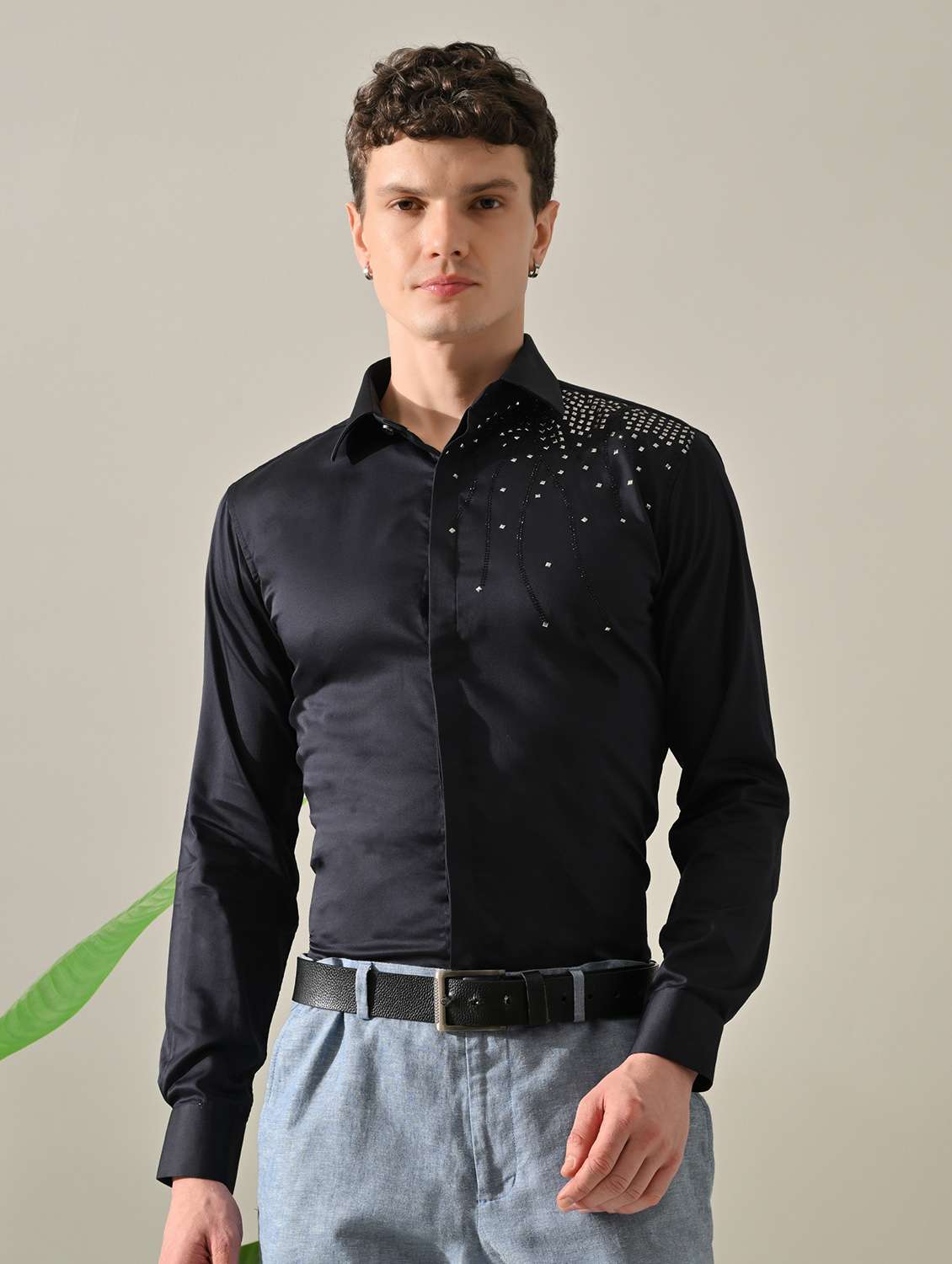 men embellished long sleeve slim fit casual shirt