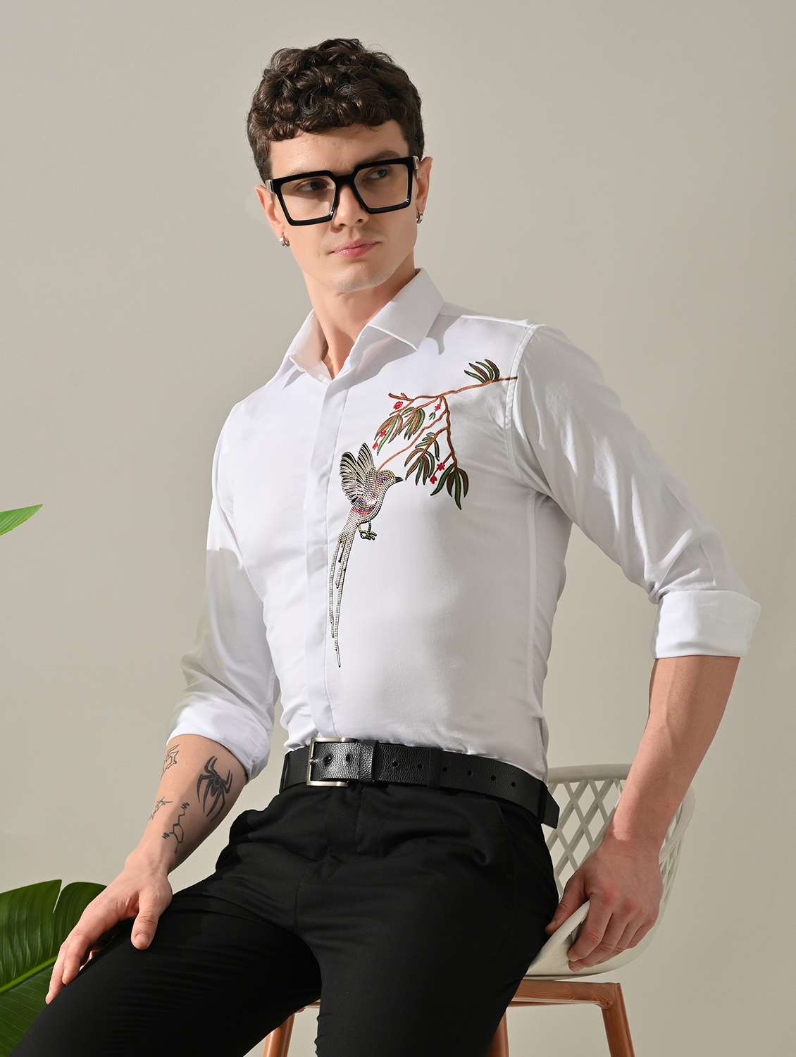 men embellished long sleeve slim fit casual shirt