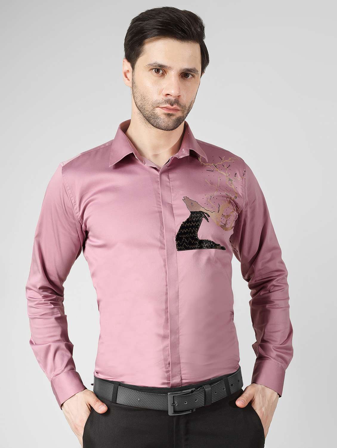 men embellished long sleeve slim fit casual shirt