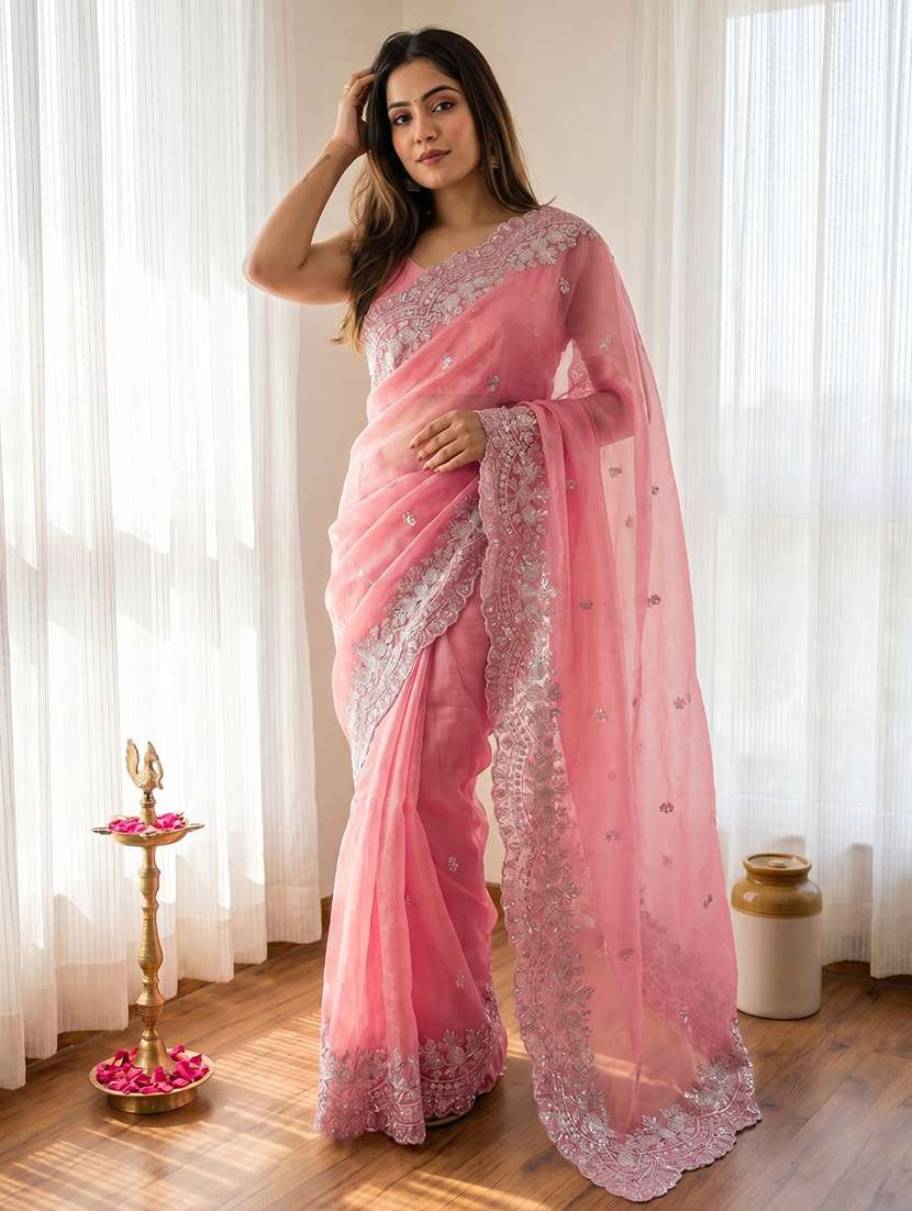 women solid with work embroidered saree with blouse