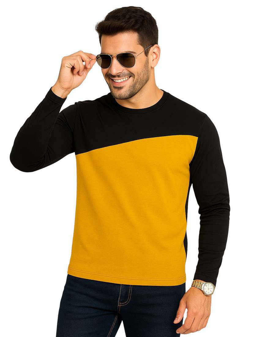 men colourblocked long sleeves regular fit t-shirt