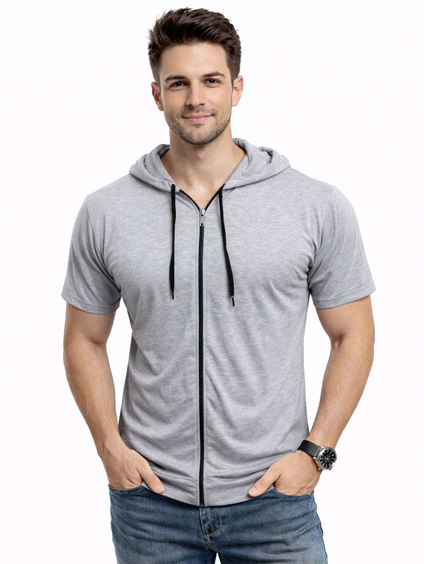 men solid short sleeves hooded t-shirt