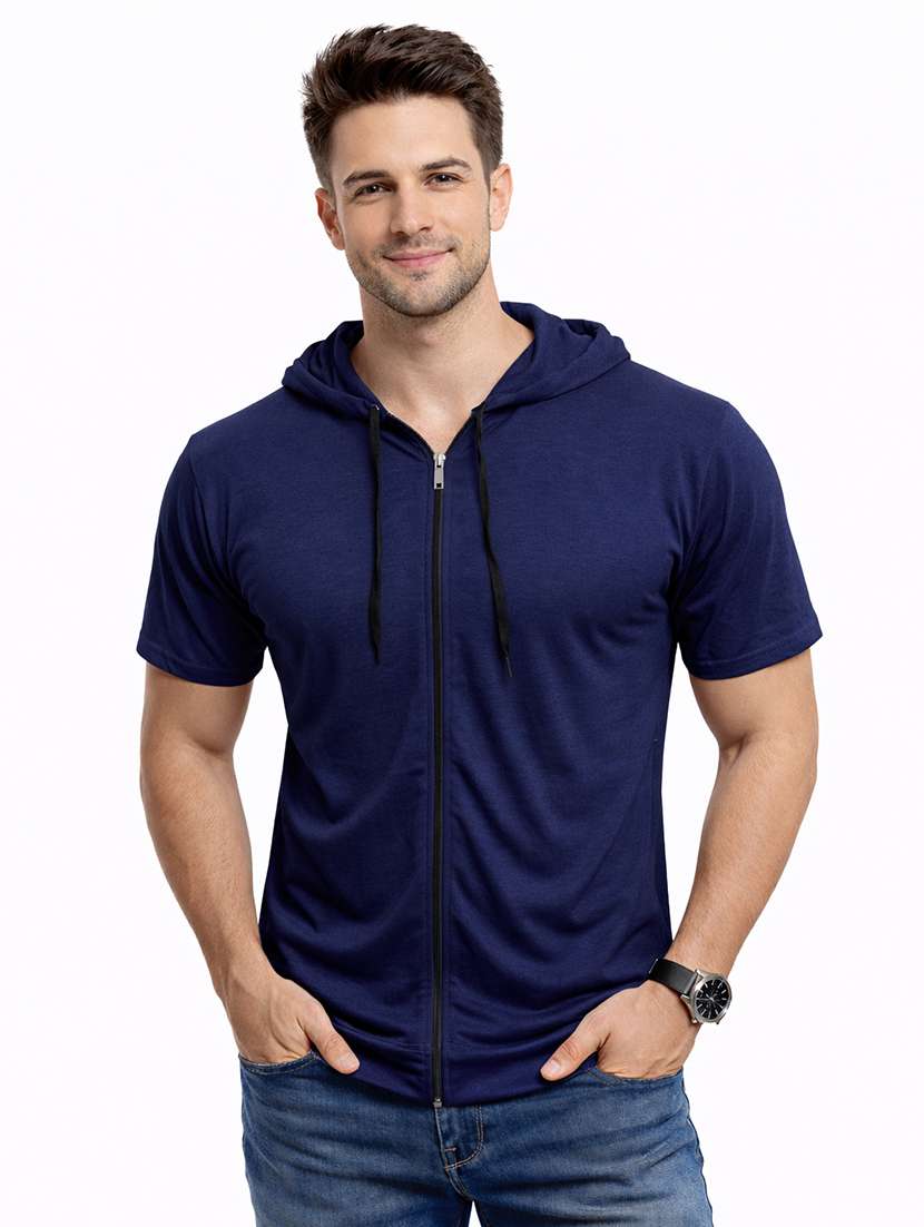 men solid short sleeves hooded t-shirt
