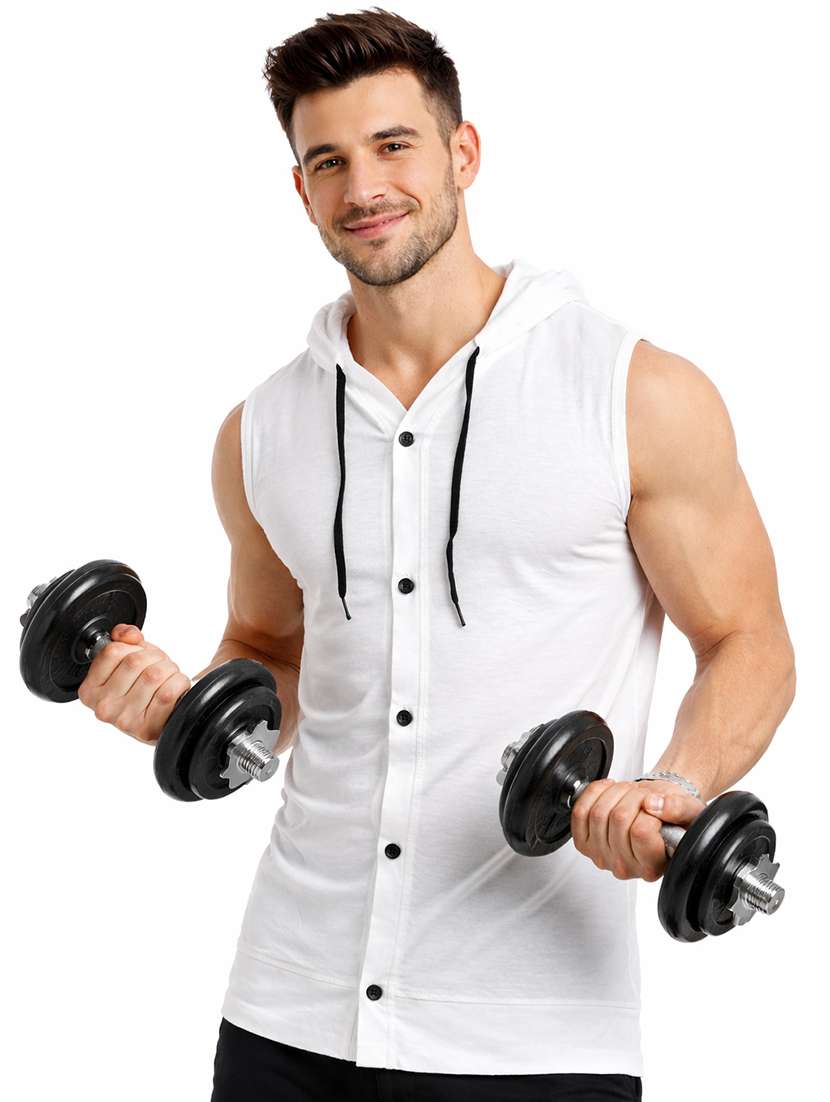 men solid sleeveless hooded t-shirt