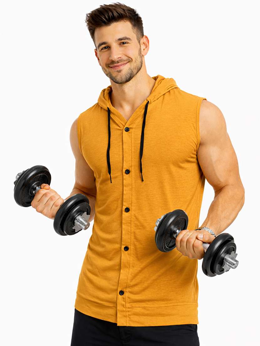 men solid sleeveless hooded t-shirt