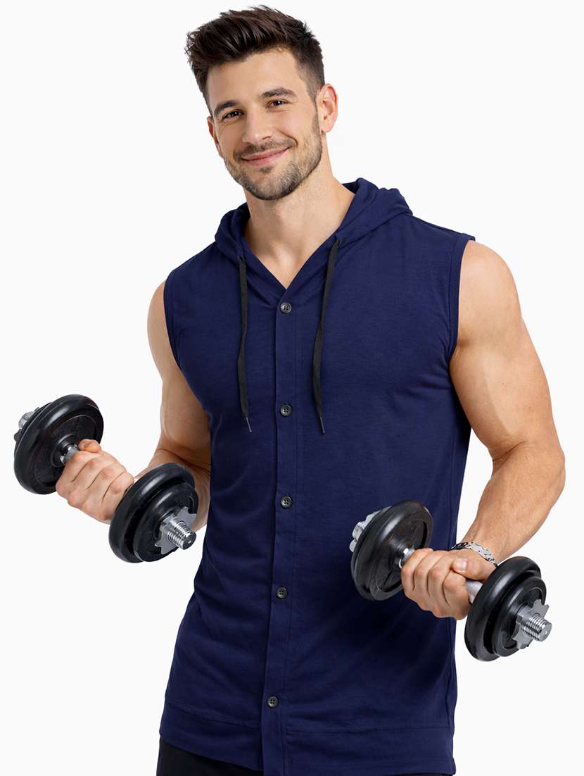 men solid sleeveless hooded t-shirt