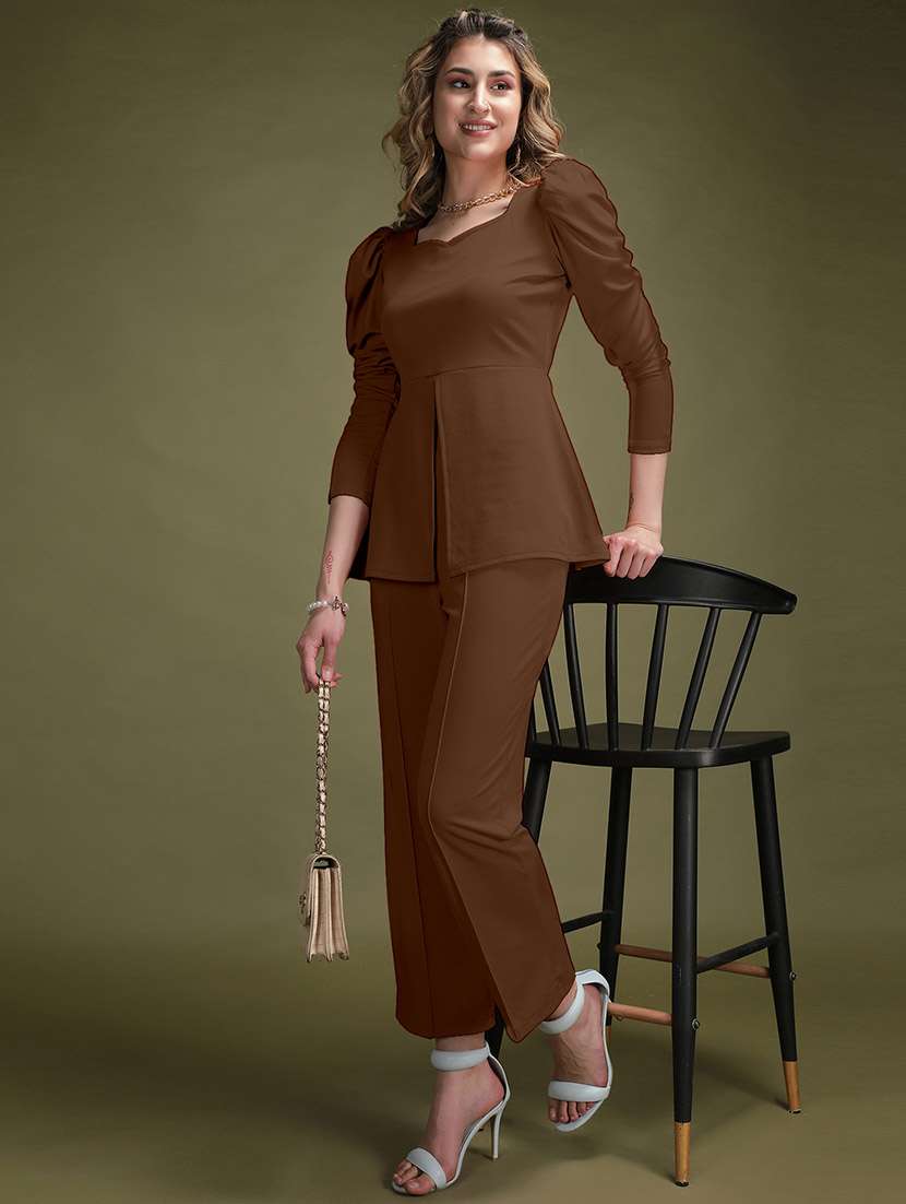 brown lycra top and trouser set coord