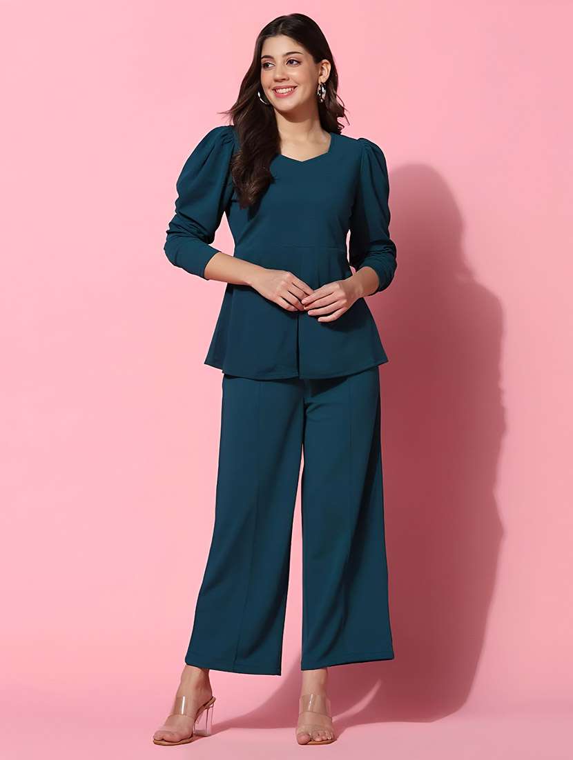 teal solid top and trouser set