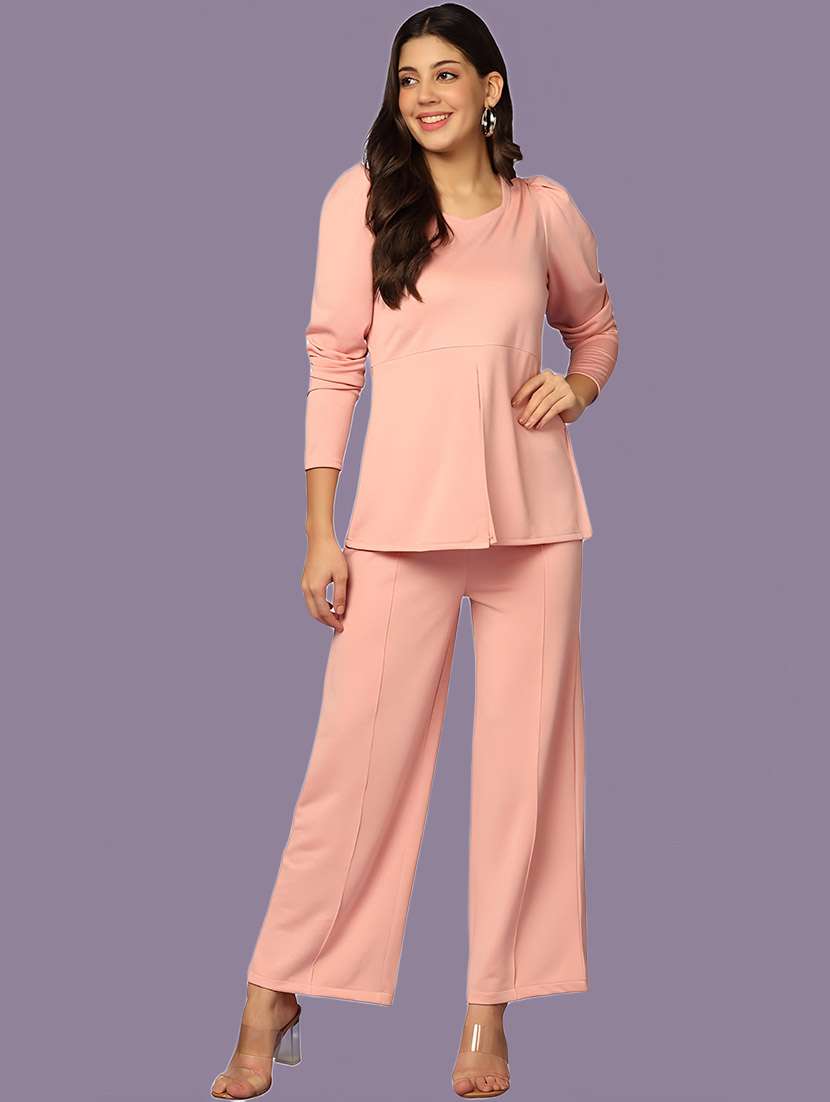 peach polyester top and trouser set coord