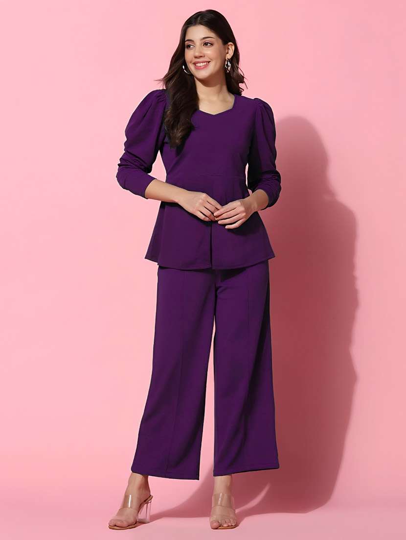 purple polyester top and trouser set coord