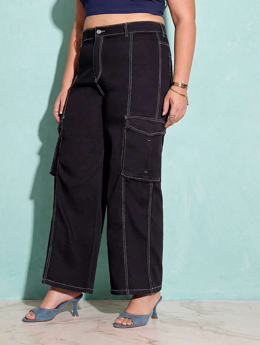 black high rise wide leg denim solid cargo pants - 22564832 -  Standard Image - 3