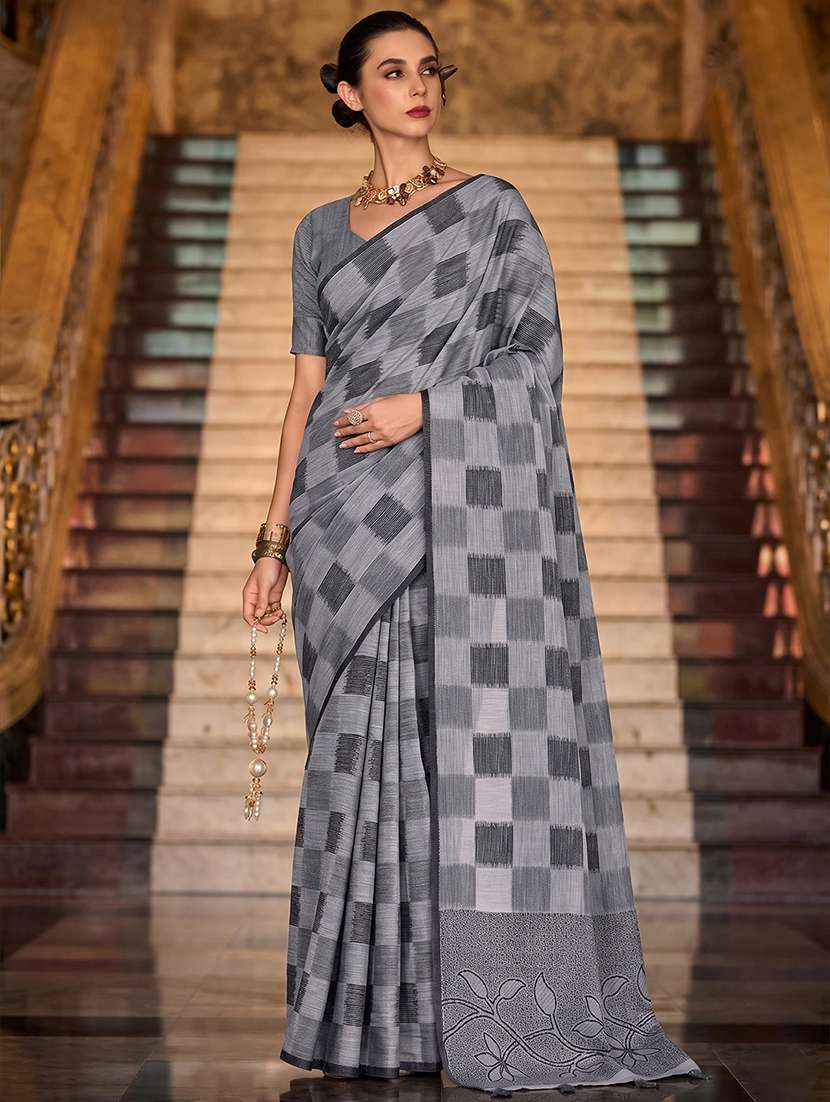 women checkered casual wear saree with blouse