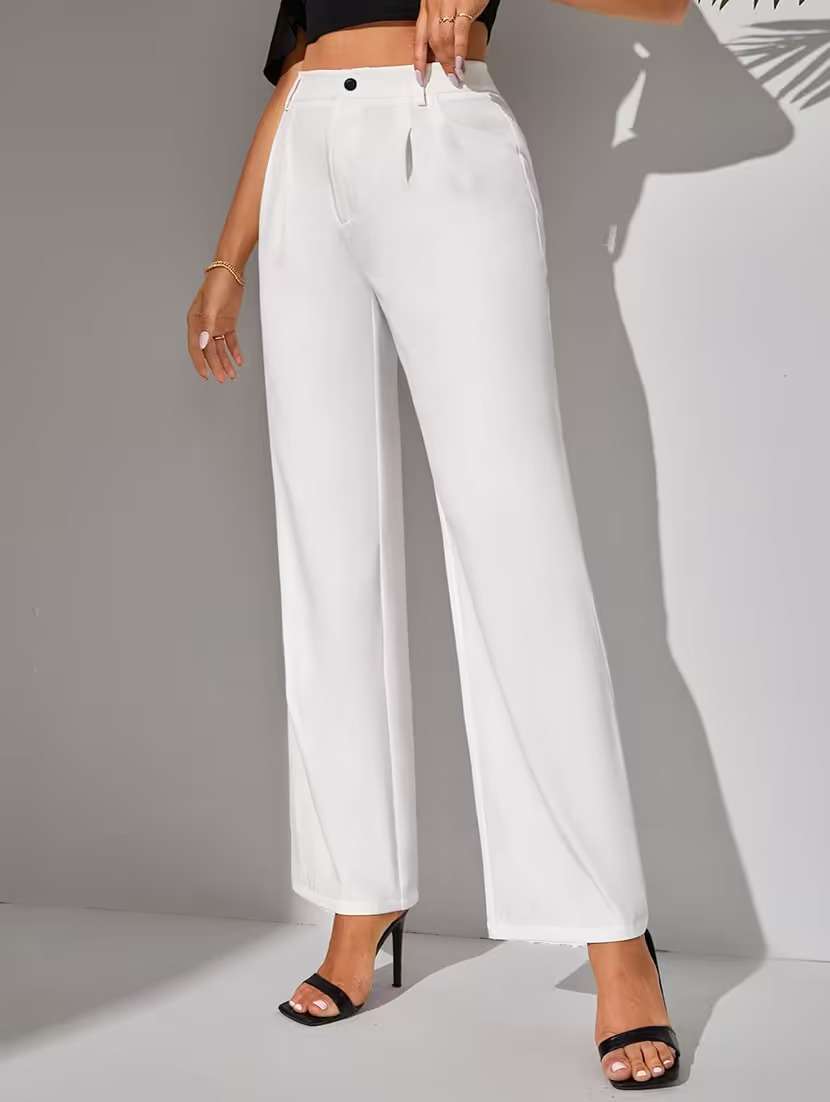 women solid high rise regular fit straight trouser