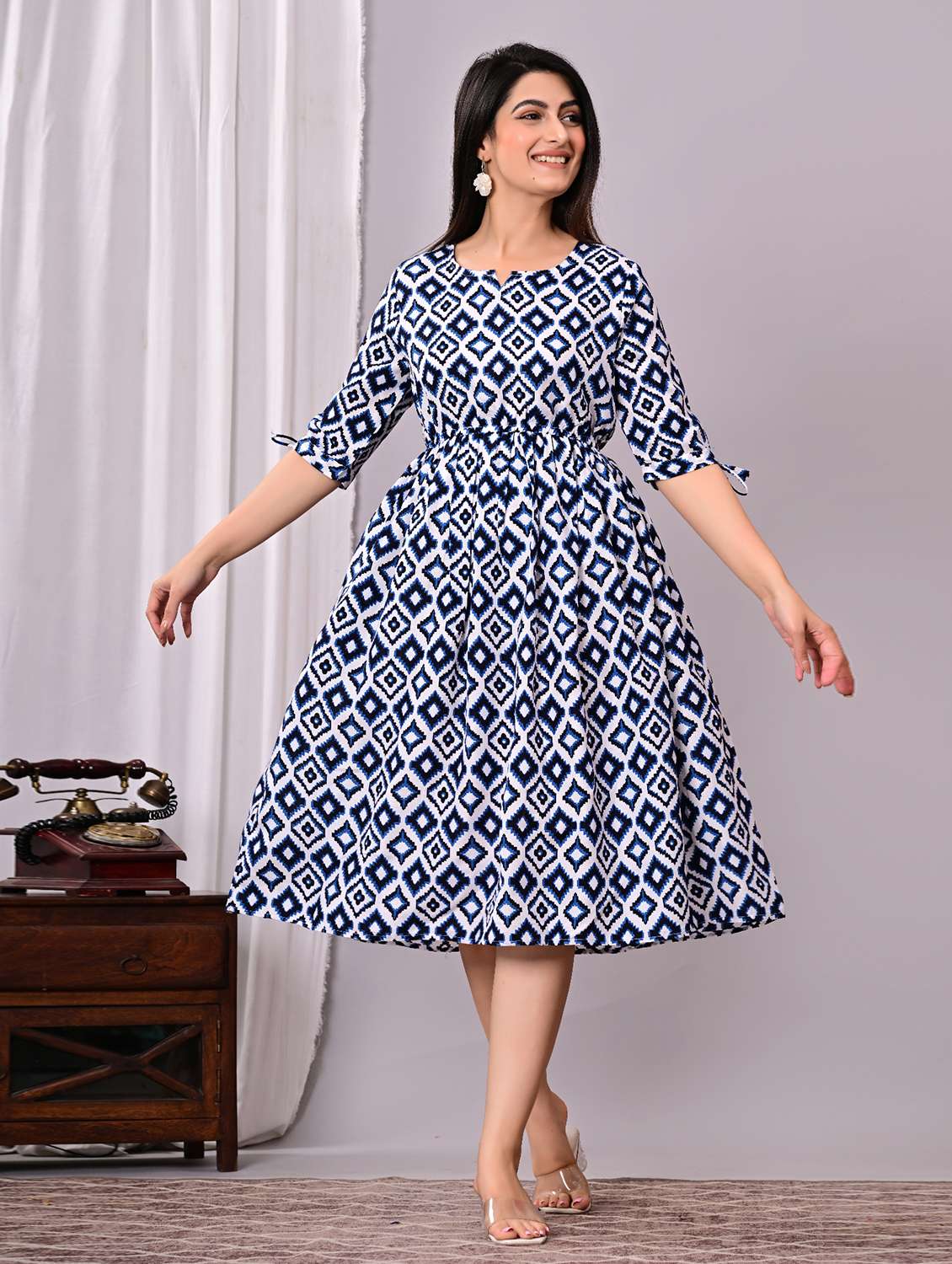 women printed three quarter sleeves a-line dress