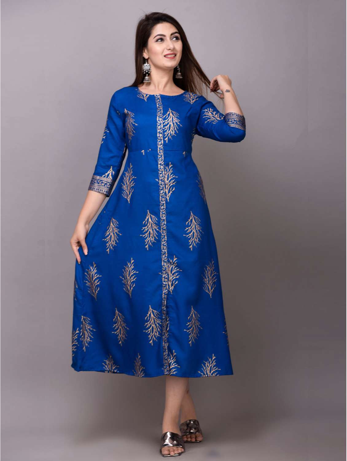 women printed three quarter sleeves a-line dress
