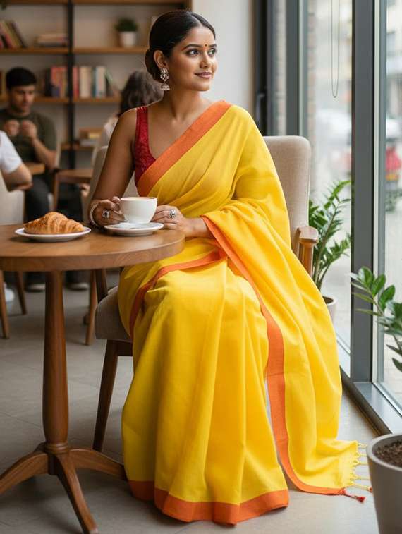 women solid with bordered handloom saree