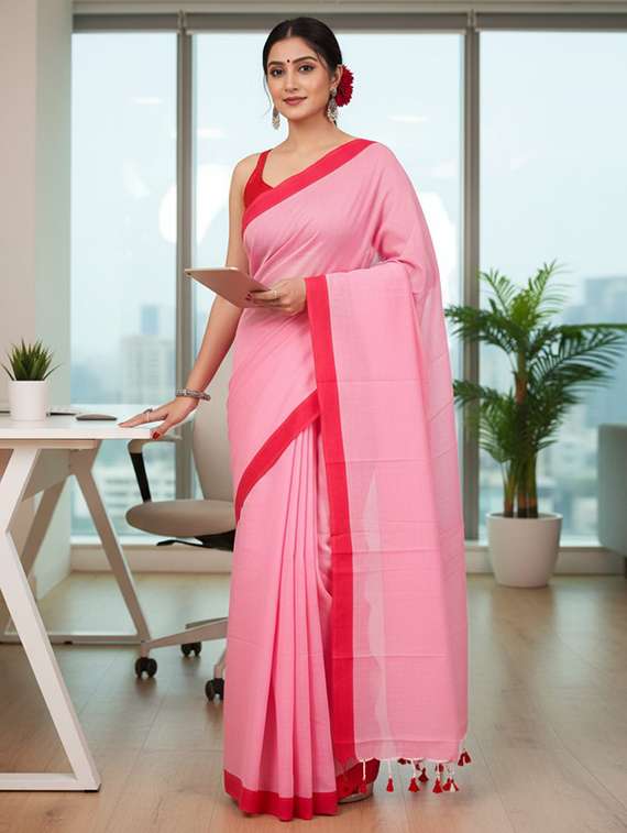 women solid with bordered handloom saree