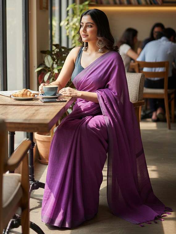 Women Solid Handloom Saree - 22565335 -  Standard Image - 5