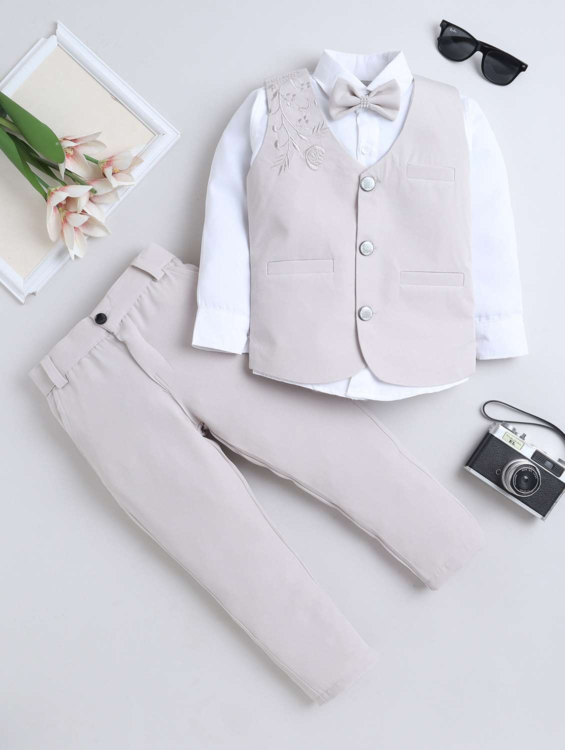 beige cotton blend suit sets twin & dungree