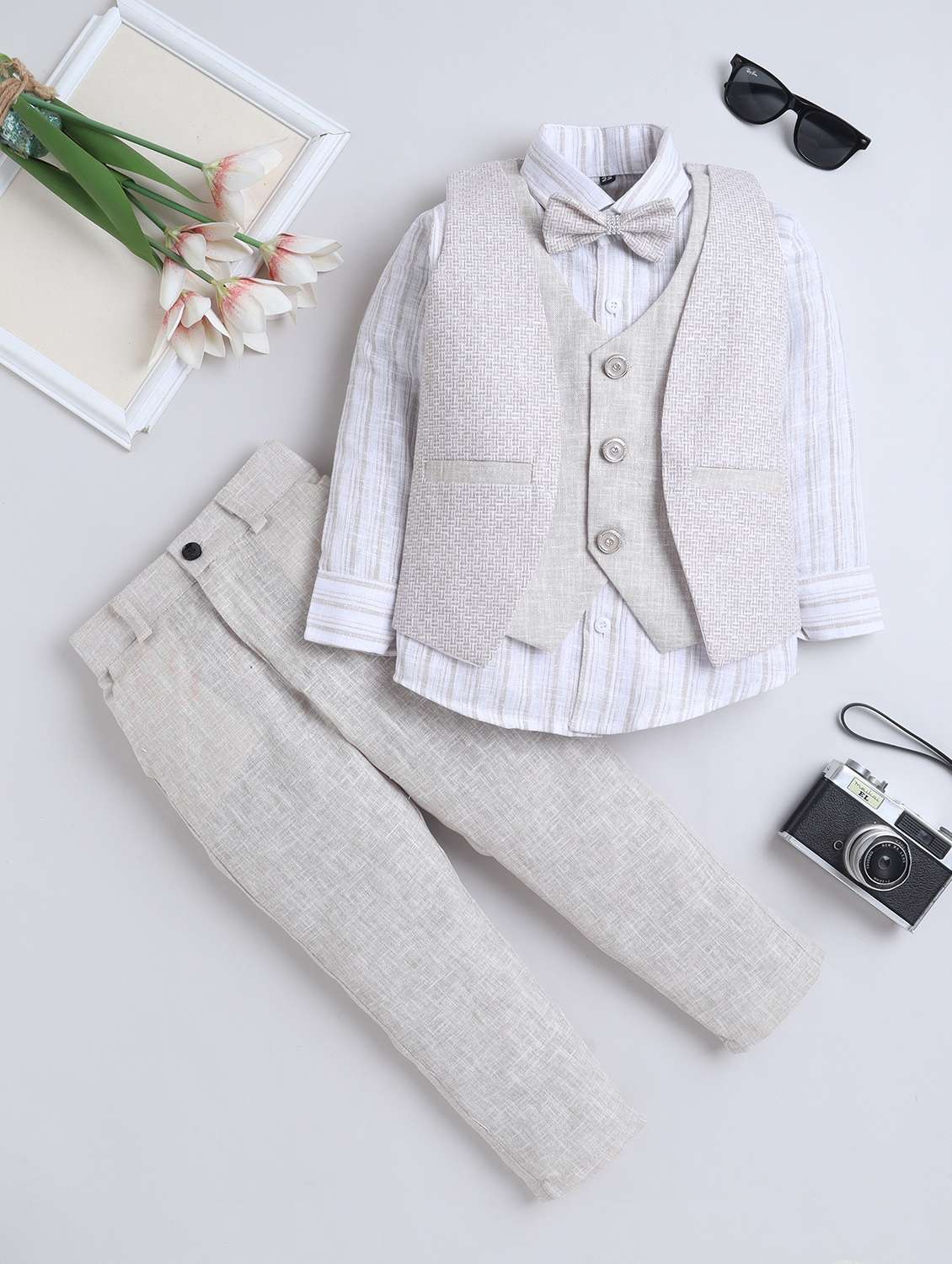 beige cotton blend suit sets twin & dungaree