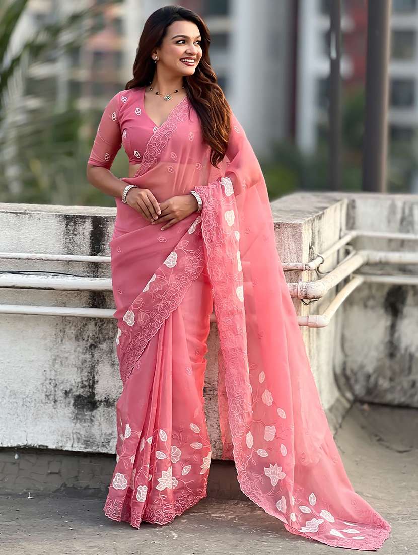 women solid with work embroidered saree with blouse