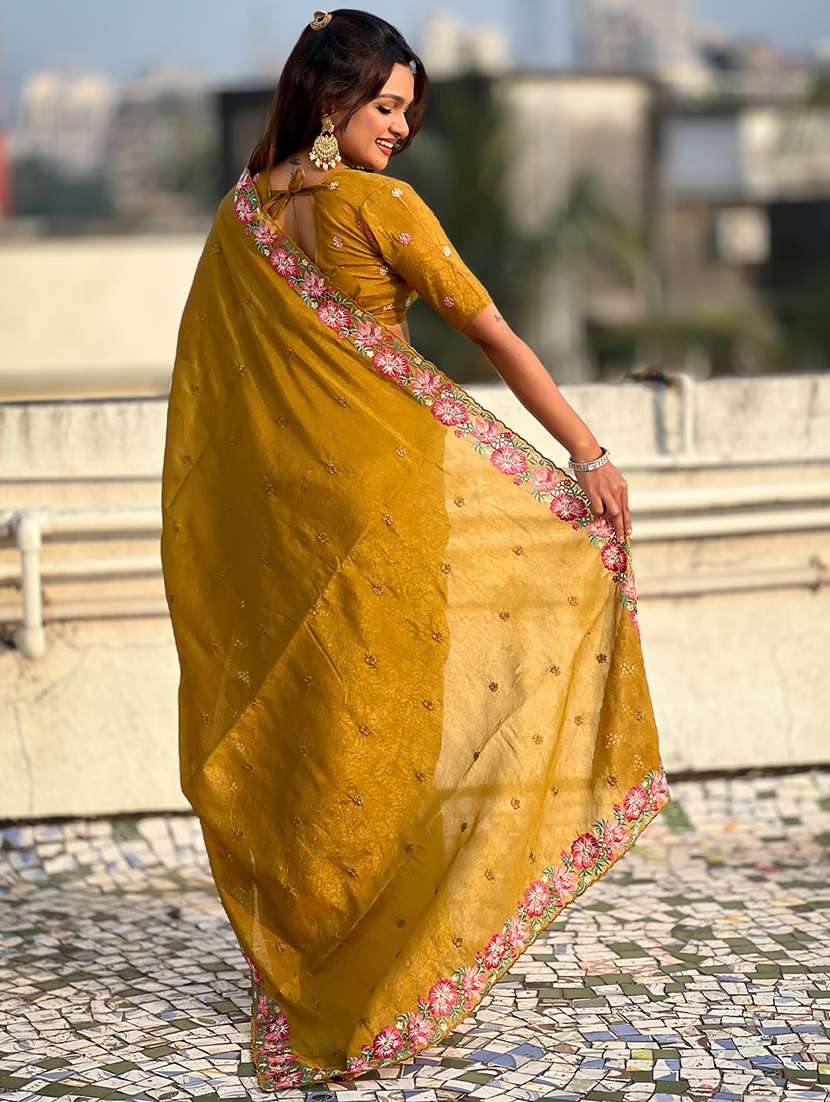 women solid with work embroidered saree with blouse - 22565513 -  Standard Image - 3