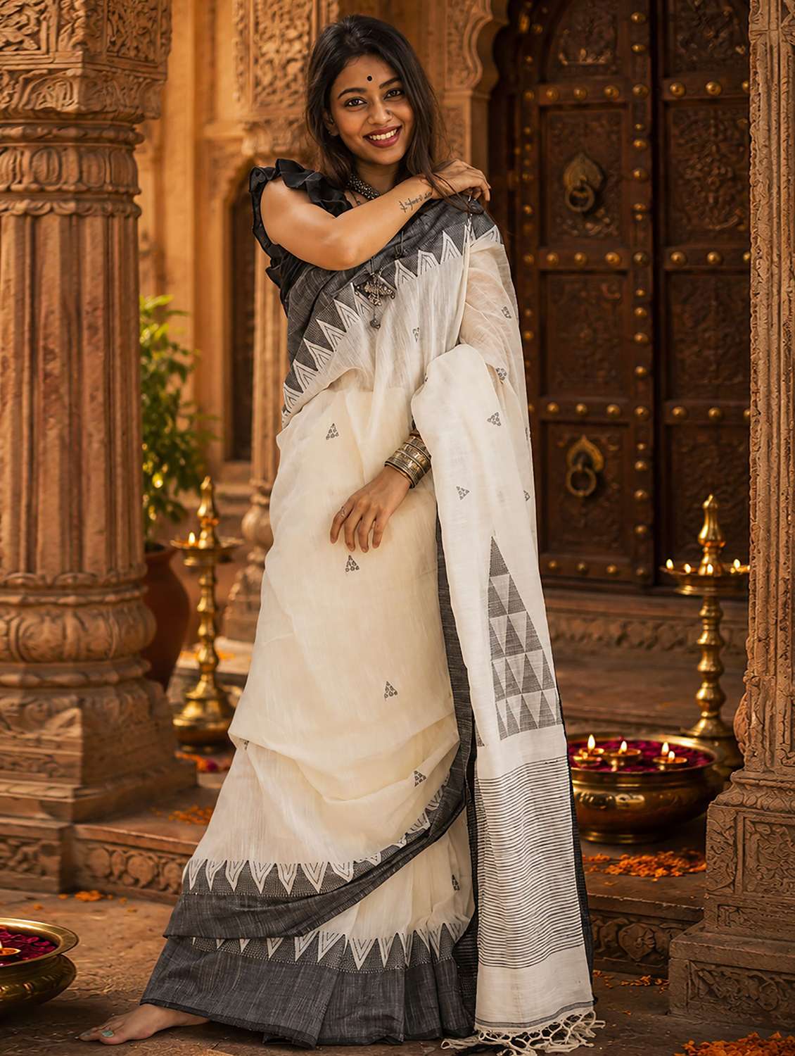 women self design handloom saree with blouse