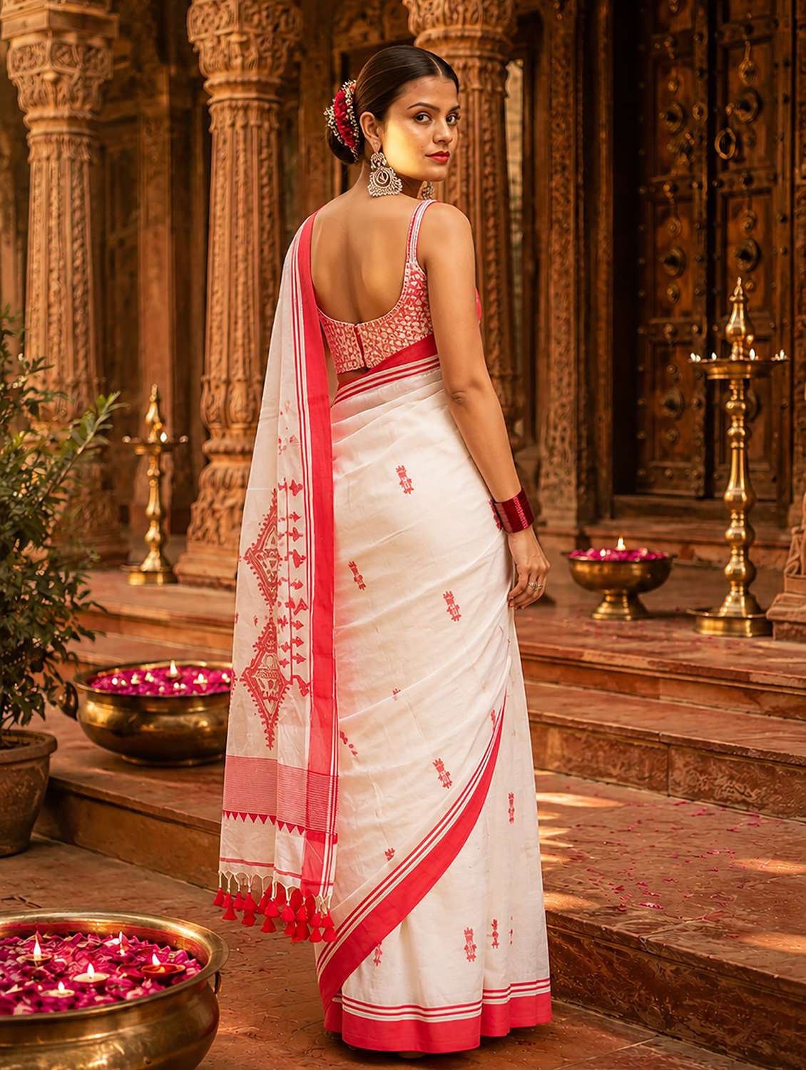 Women Printed Handloom Saree With Blouse - 22565732 -  Standard Image - 3