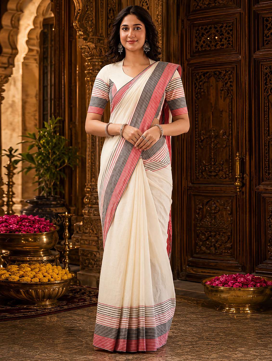 women solid with bordered handloom saree with blouse