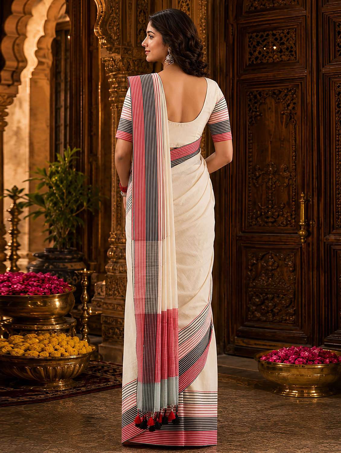 women solid with bordered handloom saree with blouse - 22566054 -  Standard Image - 3