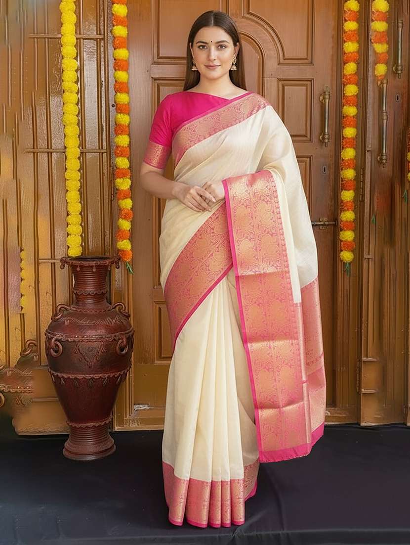 women solid with bordered saree with blouse