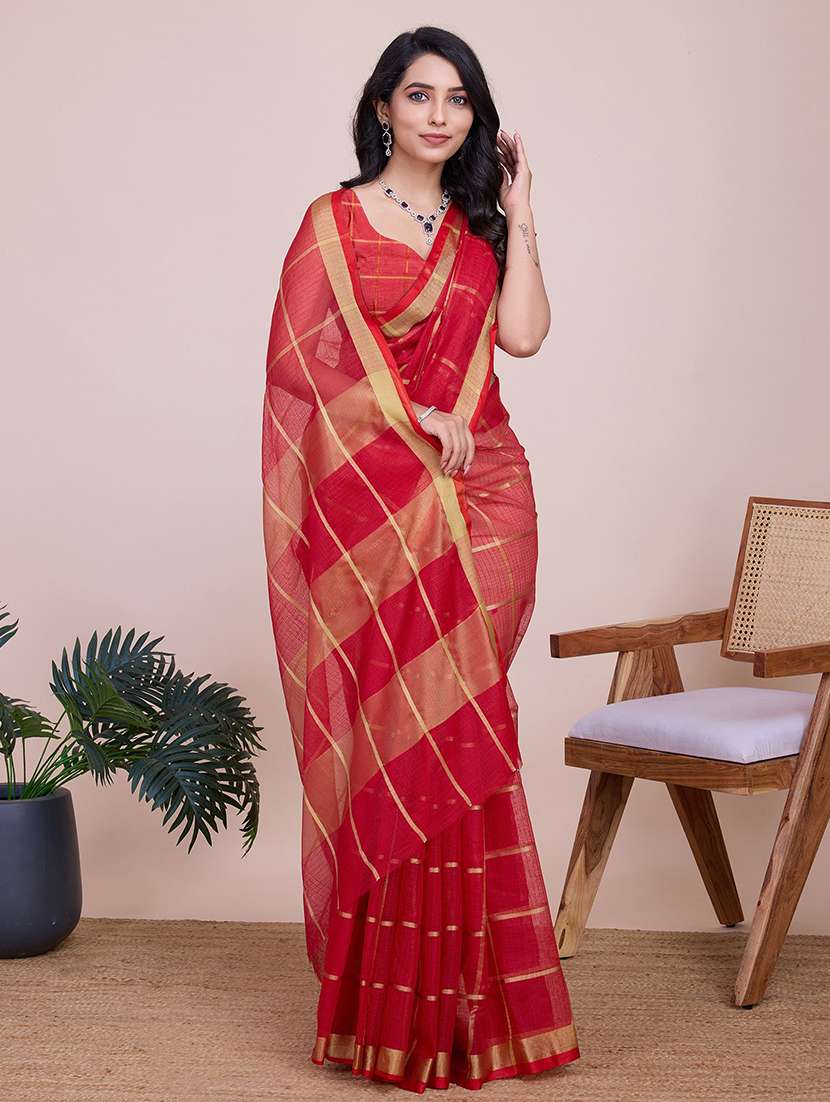 women checkered bordered saree