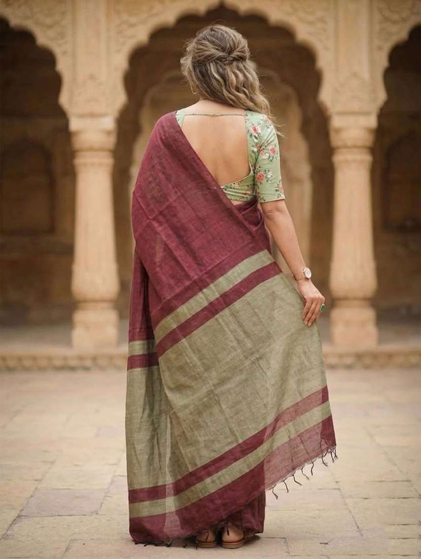 women solid handloom saree with blouse - 22566790 -  Standard Image - 3