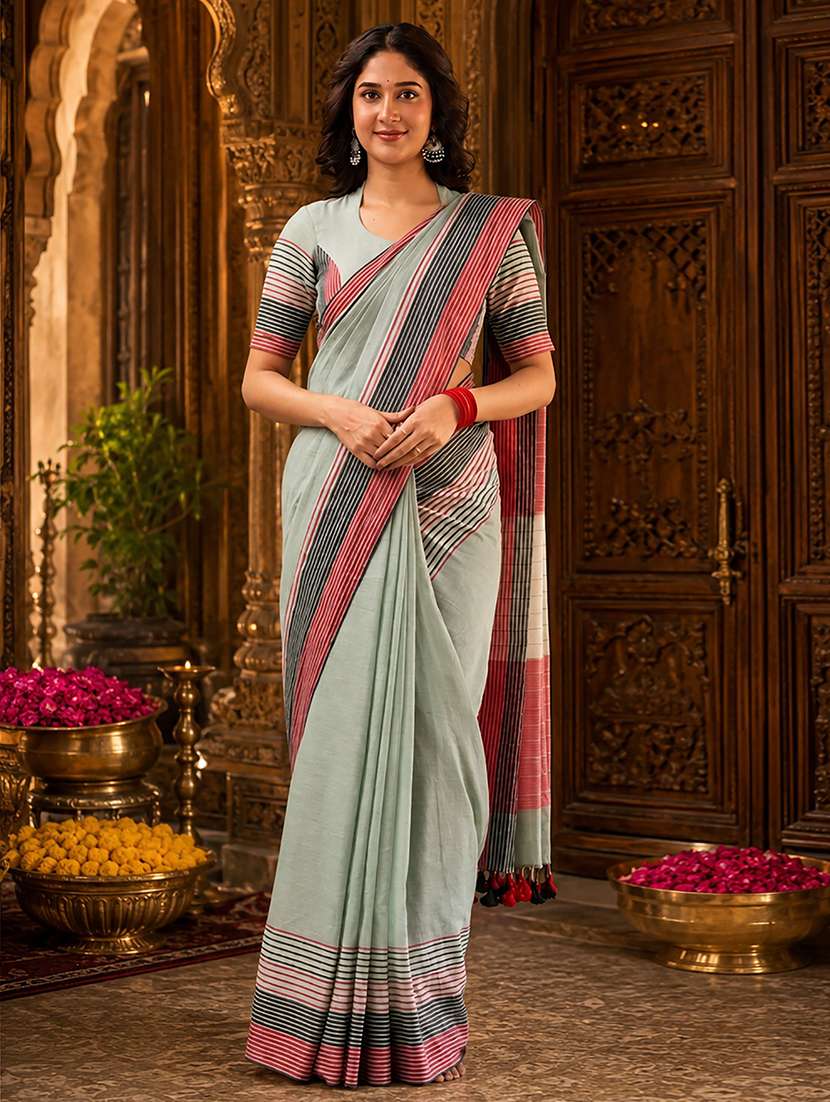 women striped handloom saree with blouse